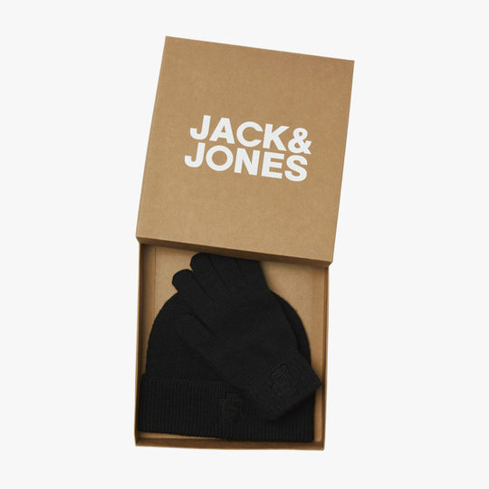 Jack & Jones TRAIN Mens Hat & Gloves Set Black in gift box showing beanie and gloves, front view.