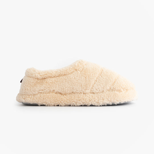 Jo & Joe HATTIE Womens Full Slippers Beige side view showing soft textile upper and round toe design.