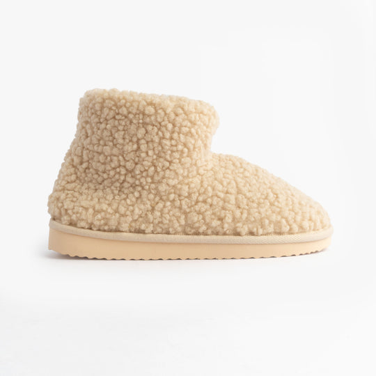 Jo & Joe TEDDY Womens Bootie Slippers Beige side view featuring soft textile upper and synthetic sole.