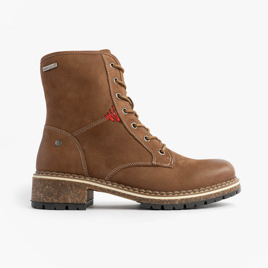 Josef Seibel WAYLYNN 10 Womens Lace Up Ankle Boots Brown side view, stylish leather ankle boots with red accents.