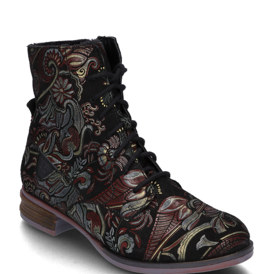 Josef Seibel SANJA01 Womens Boots Black side view with intricate floral embroidery details.