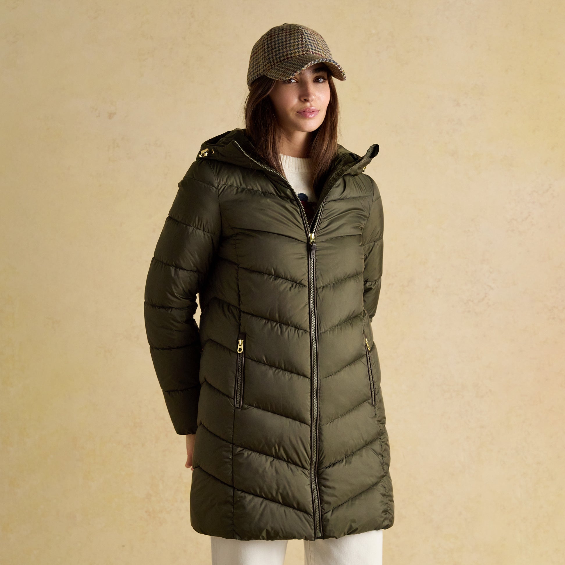 Joules MOORSDALE Womens Mid Length Showerproof Padded Coat with Hood Khaki