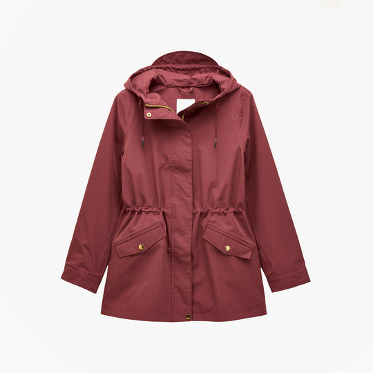 Joules PORTWELL Waterproof Hoodie Raincoat With Adjustable Waist Oxblood front view featuring hood and adjustable waist