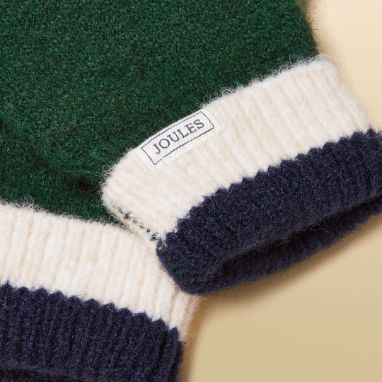 Joules POPLEY STRIPE Womens Gloves Green/Navy detail view showcasing the fabric texture and brand label.