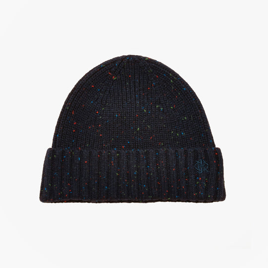 Joules HAMMOND Mens Beanie Navy top view showcasing multicolored flecks in the knit.