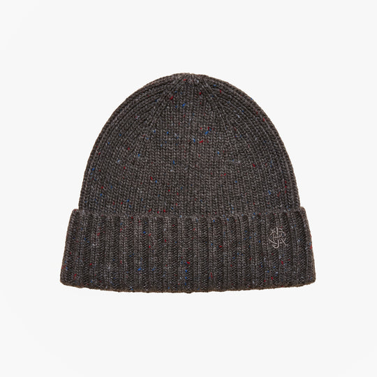 Joules HAMMOND Mens Beanie Grey front view, knitted with vibrant specks, warm and stylish headwear.