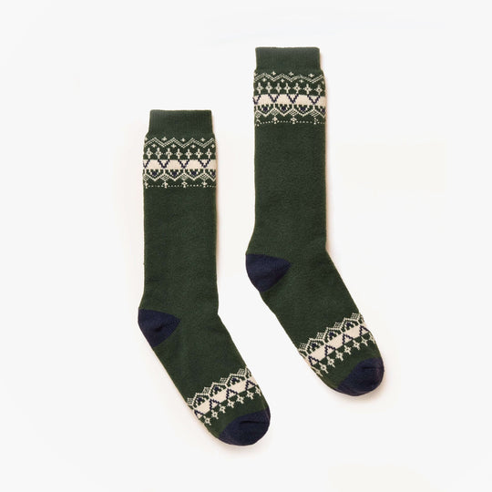 Joules CHALET Mens Socks Green front view showcasing a knitted design with patterned cuffs and dark blue accents.