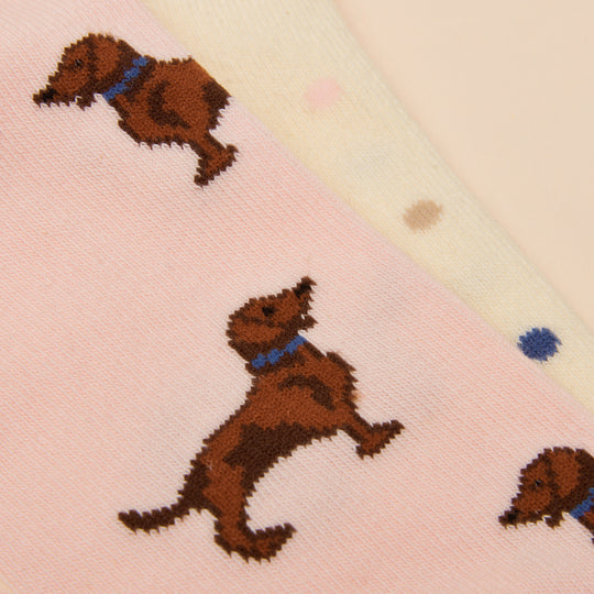 Joules EVERYDAY Womens Socks Pink/Blue close-up view showing playful dog design and colorful polka dots.