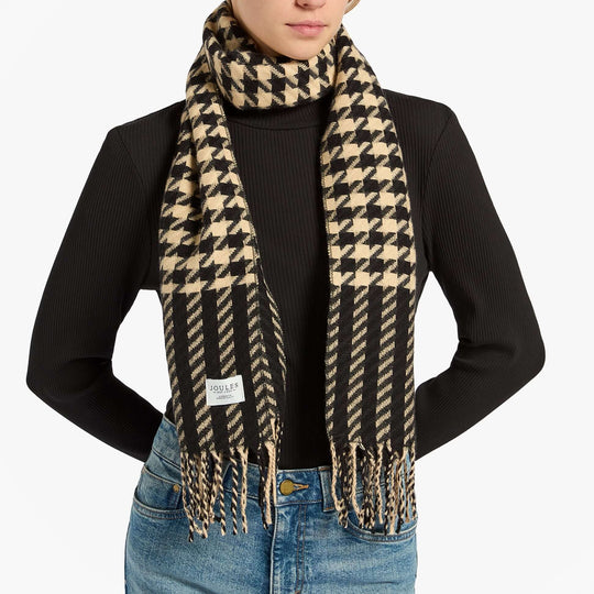Joules LANGTREE Womens Winter Black/Tan scarf front view showcasing houndstooth pattern and fringes