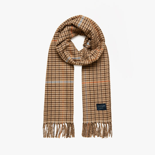 Joules LANGTREE Womens Scarf Tan Brown, front view, showcasing a plaid pattern with fringed edges.