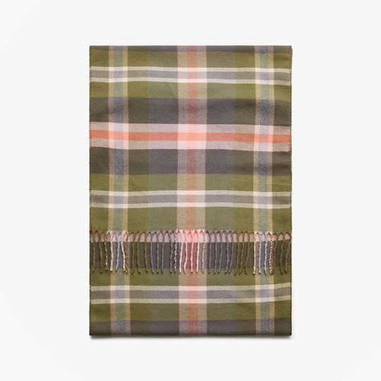 Joules LANGTREE Womens Winter Green/Pink front view of plaid patterned scarf with fringe detailing.