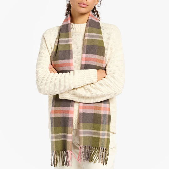 Joules LANGTREE Womens Winter Green/Pink front view of scarf worn with cream sweater.