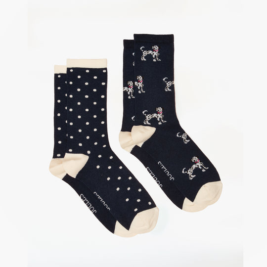 Joules EVERYDAY Womens Socks Navy/Oatmeal side view showcasing two socks with polka dots and dog designs.