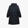 Joules HOLKHAM Womens Raincoat Navy Paisley front view featuring a hood, adjustable waist, and pockets.