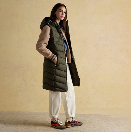 Joules Moorsdale Womens Longline Showerproof Padded Gilet Green