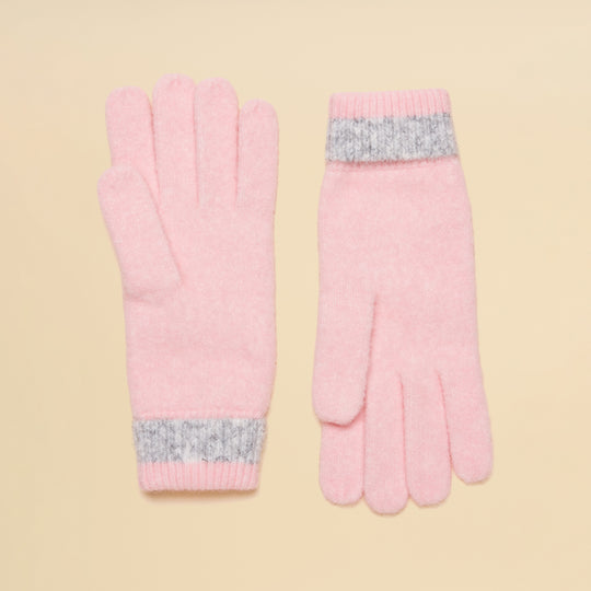 Joules POPLEY STRIPE Womens Gloves Pink/Grey front view with pink body and grey striped cuffs.