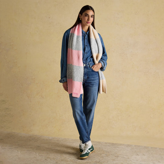 Joules POPLEY STRIPE Womens Winter Pink/Grey front view model wearing pink and grey striped scarf.