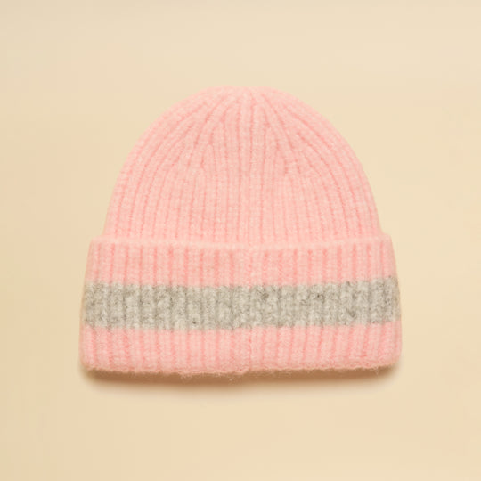 Joules POPLEY STRIPE Womens Beanie Pink/Grey top view showing ribbed texture and color patterns.