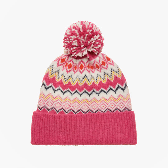 Joules KARA BOBBLE Womens Beanie Hat Pink top view with pom pom and colorful pattern