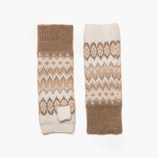 Joules KARA Neutral Fingerless Fairisle Glove Beige top view showcasing intricate patterns and soft textures.