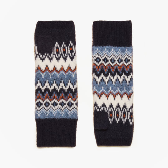 Joules KARA Fingerless Fairisle Glove Navy top view showcasing intricate pattern and textured knit detail.