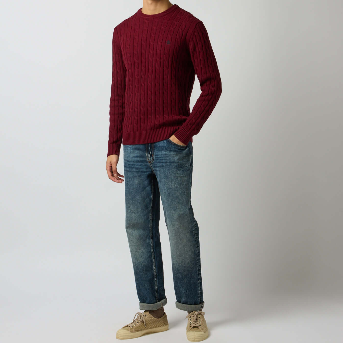 Joules CABLE CREW Mens Sweater Burgundy Red