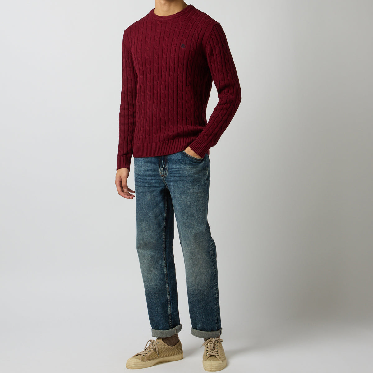 Joules CABLE CREW Mens Sweater Burgundy Red