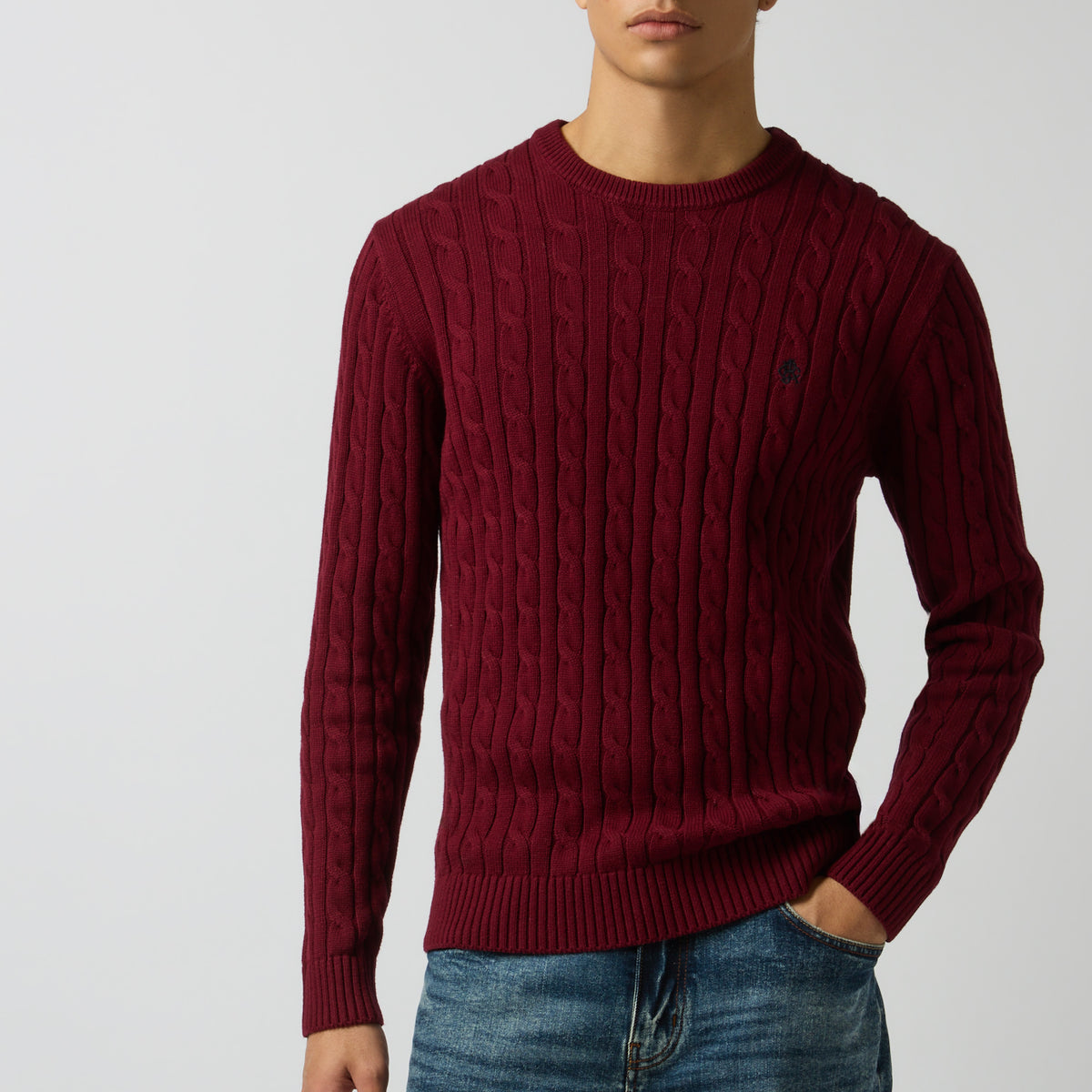 Joules CABLE CREW Mens Sweater Burgundy Red