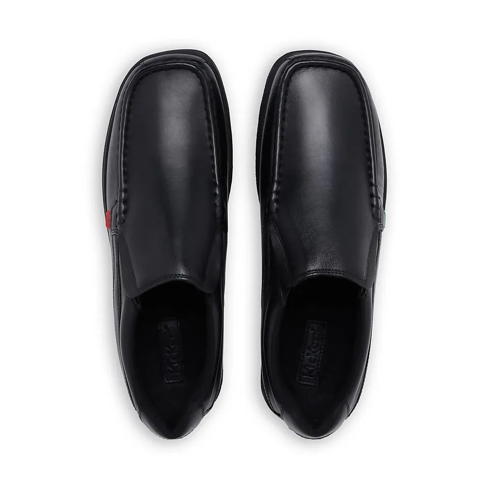 Kickers 114227 FRAGMA SLIP Boys School Shoes in Black, top-down view showing pronounced toe seam and smooth finish