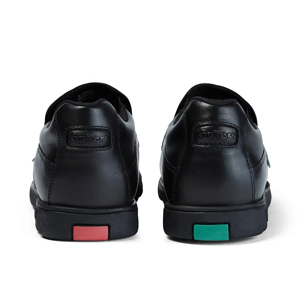 Kickers 114227 FRAGMA SLIP Boys School Shoes in Black, back heel view showing embossed Kickers logo patch