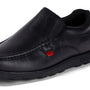 Kickers 114227 FRAGMA SLIP Boys School Shoes in Black, close-up detail of the smooth leather surface and red branding tab