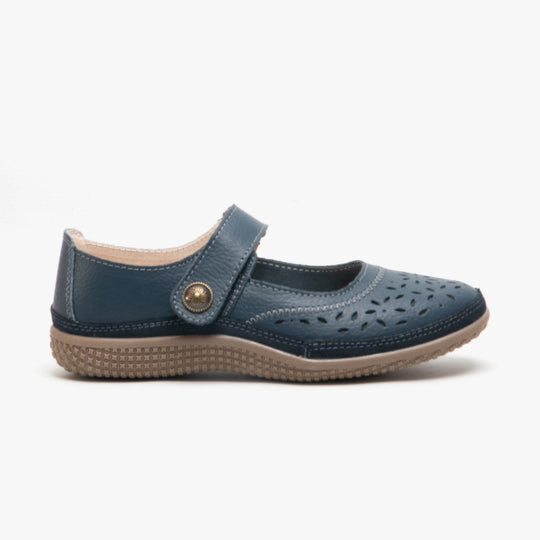 Boulevard ALEX Womens Extra Wide EEE Leather Velcro Mary Jane Shoes Navy