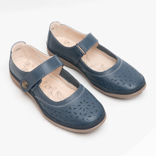 Boulevard ALEX Womens Extra Wide EEE Leather Velcro Mary Jane Shoes Navy