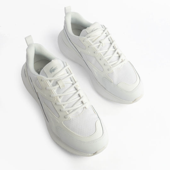Lacoste L003 EVO Mens Performance Trainers Trainers White top view showing lace-up design and breathable material.