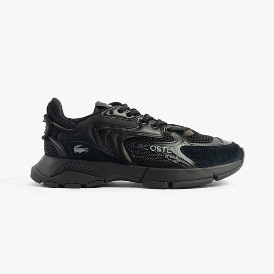 Lacoste L003 NEO Mens Trainers Black side view showcasing leather and textile materials.