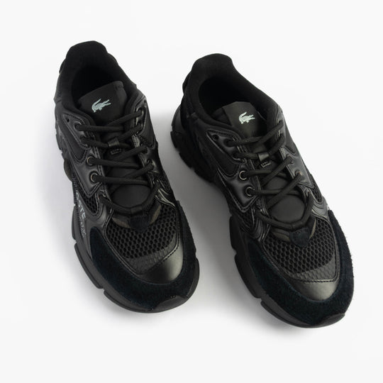 Lacoste L003 NEO Mens Trainers Black top view showcasing lace-up design and leather material.