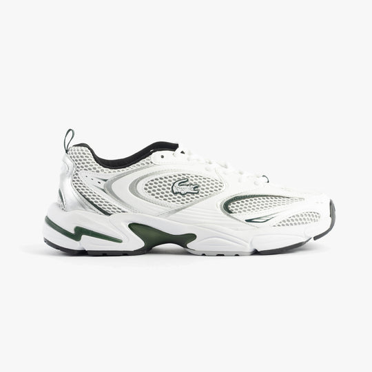 Lacoste STORM 96 2K Mens Trainers White/Dark Green side view showcasing leather and polyester upper.