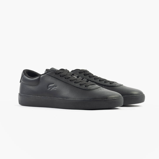Lacoste BASESHOT EVO Mens Trainers Black side view showcasing black suede and leather upper with lace-up closure.