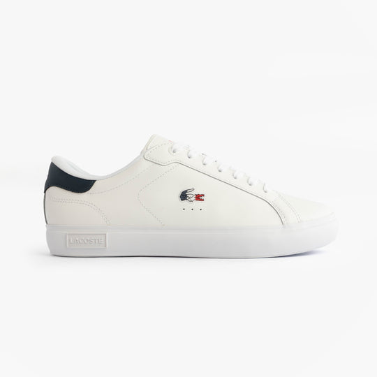 Lacoste POWERCOURT Mens Court Trainers Trainers White/Navy/Red side view with leather upper and rubber sole.