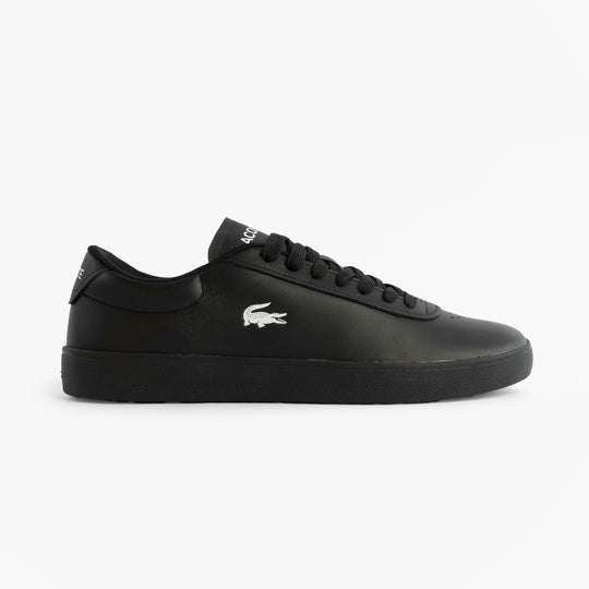 Lacoste BASESHOT EVO Mens Court Trainers Trainers Black side view showcasing leather upper and lace-up design.