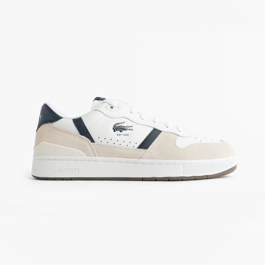 Lacoste T-CLIP SET Mens Court Trainers Trainers White/Navy side view showcasing leather and suede upper.