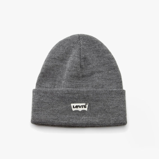 Levi's BATWING EMBROIDERED SLOUCHY BEANIE Mens Regular Grey front view with logo patch.
