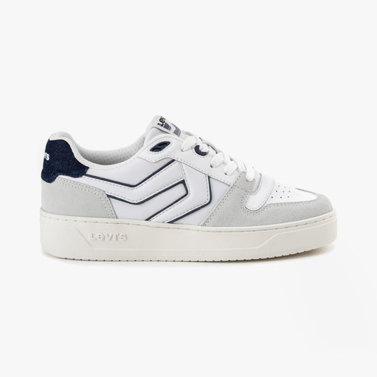 Levi's GLIDE L Mens Trainers White/Navy side view showing casual leather design and round toe construction.