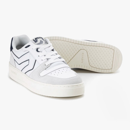 Levi's GLIDE L Mens Trainers White/Navy side view showcasing the casual leather upper and rubber sole.