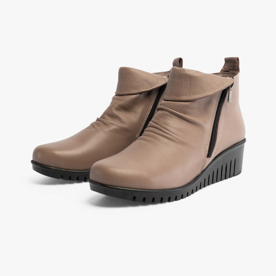 Lotus CORDELIA Womens Boots Clay side view showing leather upper, zip closure, and wedge heel.