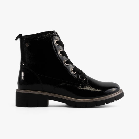 Lotus JOJO Womens Boots Black side view, patent leather ankle boots with lace-up closure and block heel.