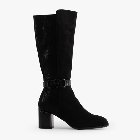 Lotus ELSA Womens Boots Black side view featuring tall suede upper and block heel.