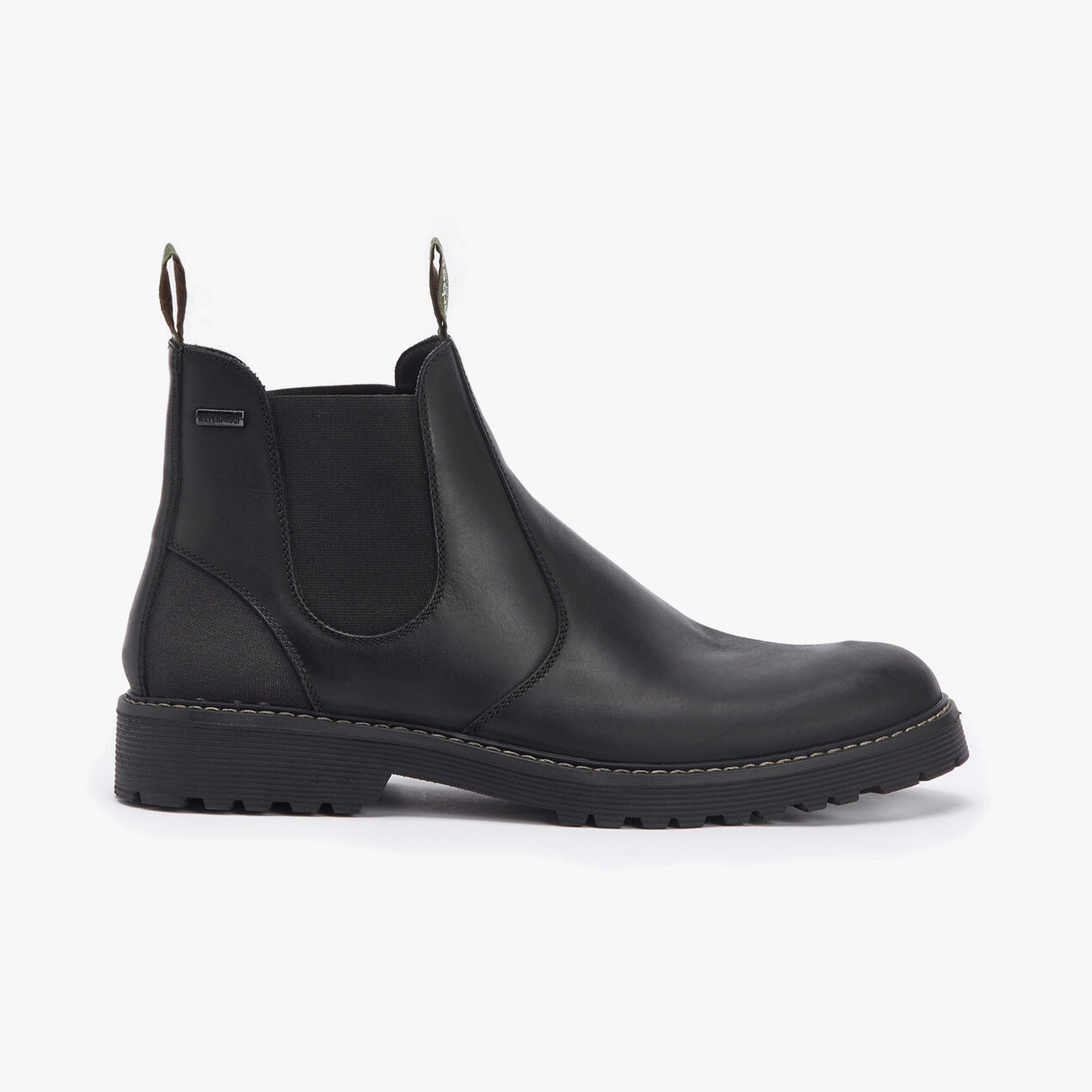Barbour PATTON Mens Chelsea Boots Black side view showcasing leather upper and elasticated side panel.