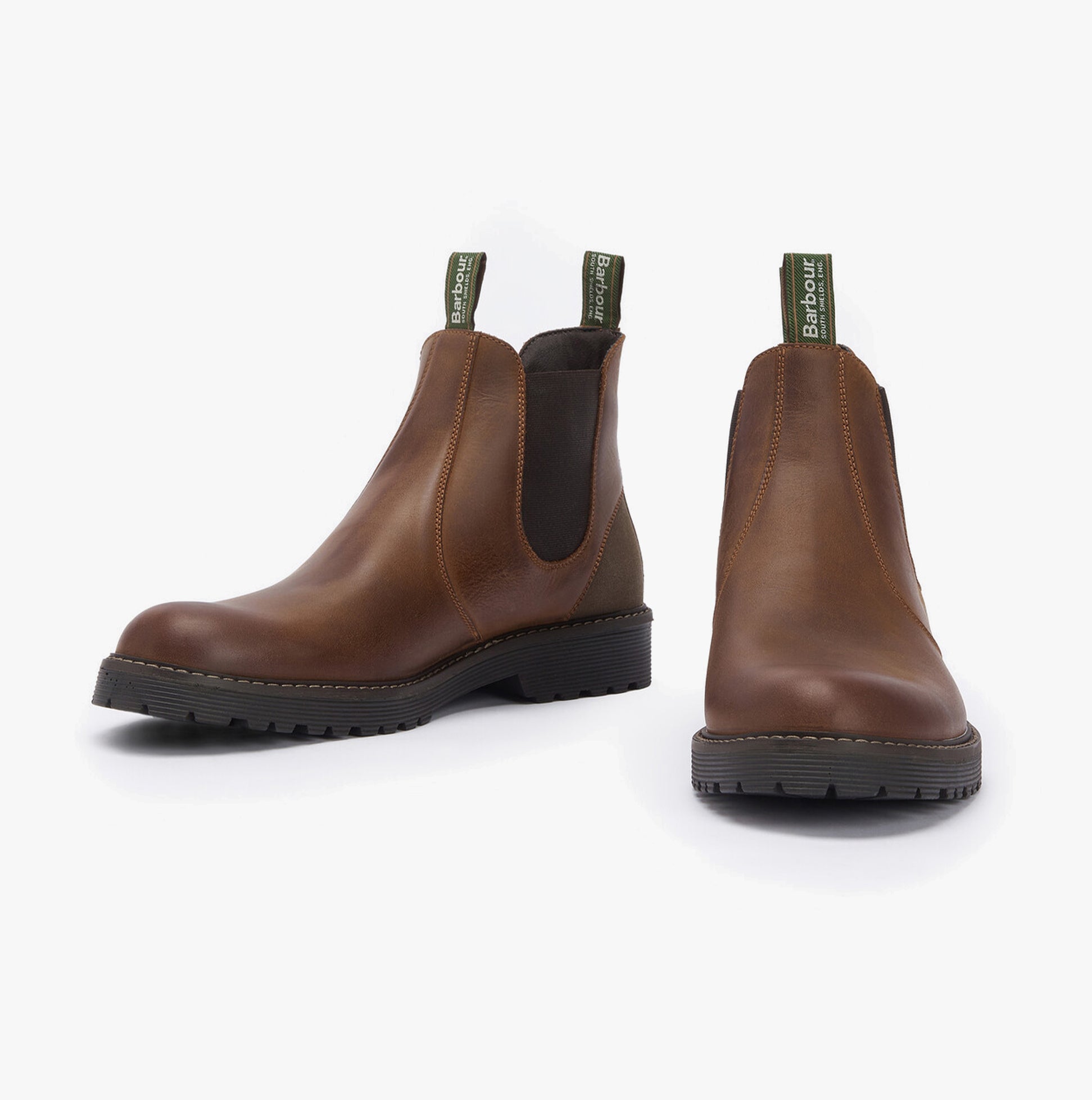 Barbour PATTON Mens Chelsea Boots Teak side view showing elasticated side panel and block heel.