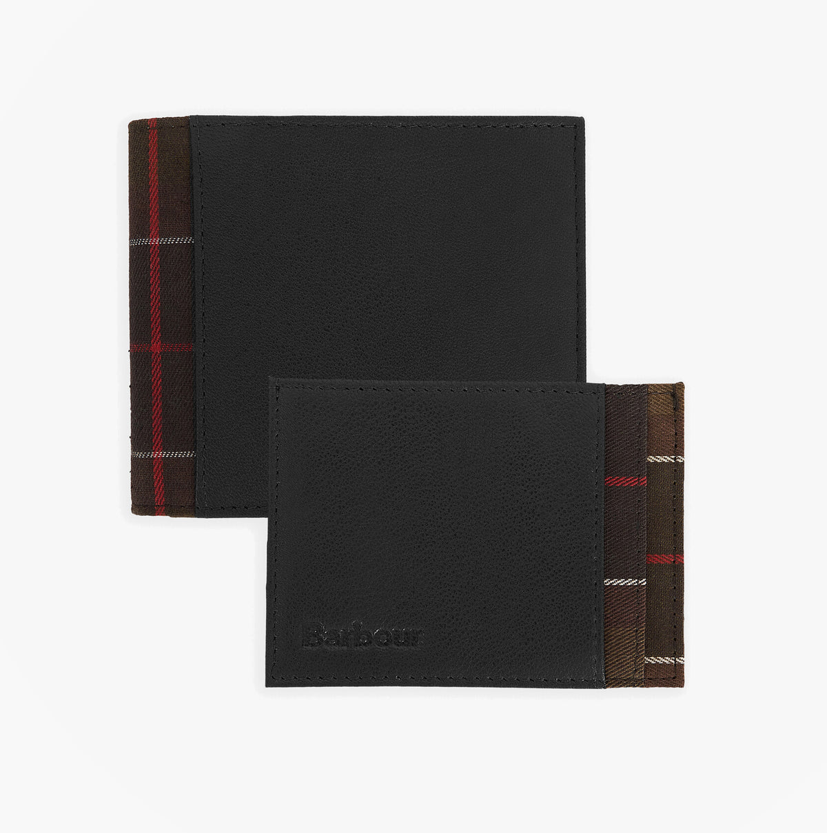 Barbour LEATHER Mens Wallet & Card Holder Gift Set Black/Tartan
